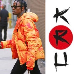 Orange Camo Print Down Puffy Jacket 
